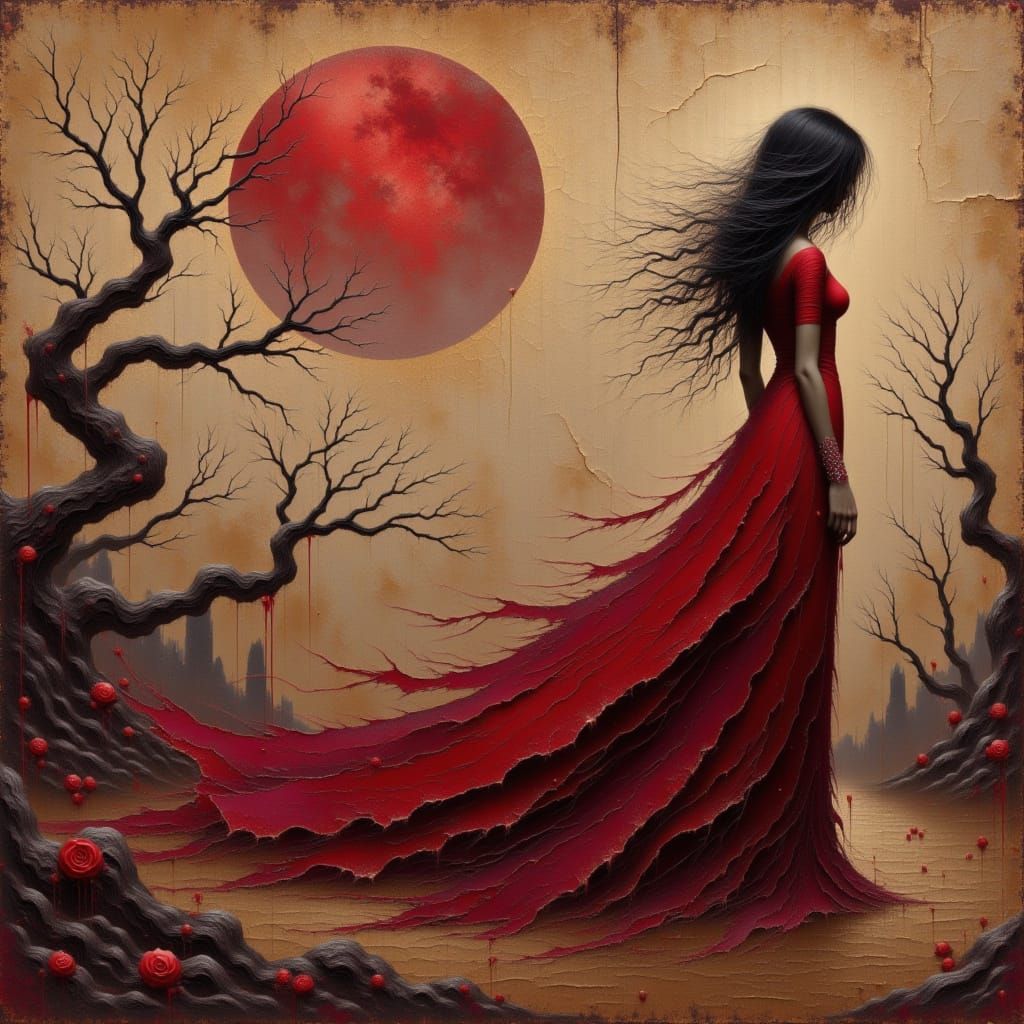 Woman in Red Dress Gazing at Red Moon, Oil Painting Style