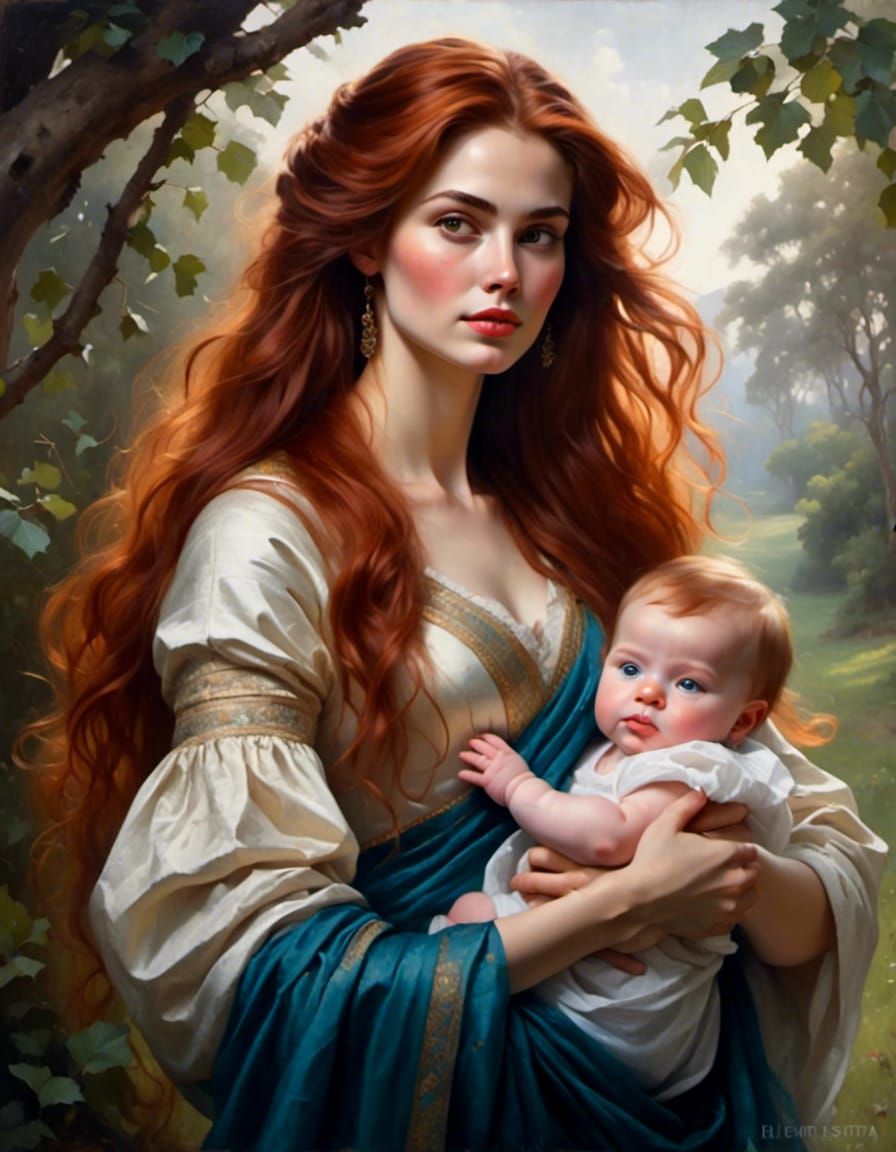 Auburn-Haired Woman Holding Baby Portrait