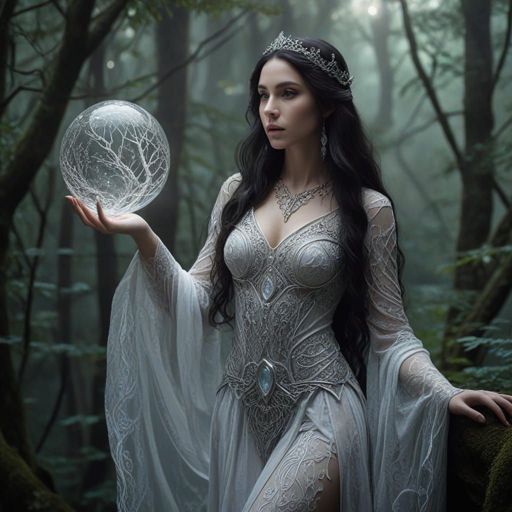 Ethereal Elf Maiden with Mystic Orb in Ancient Forest
