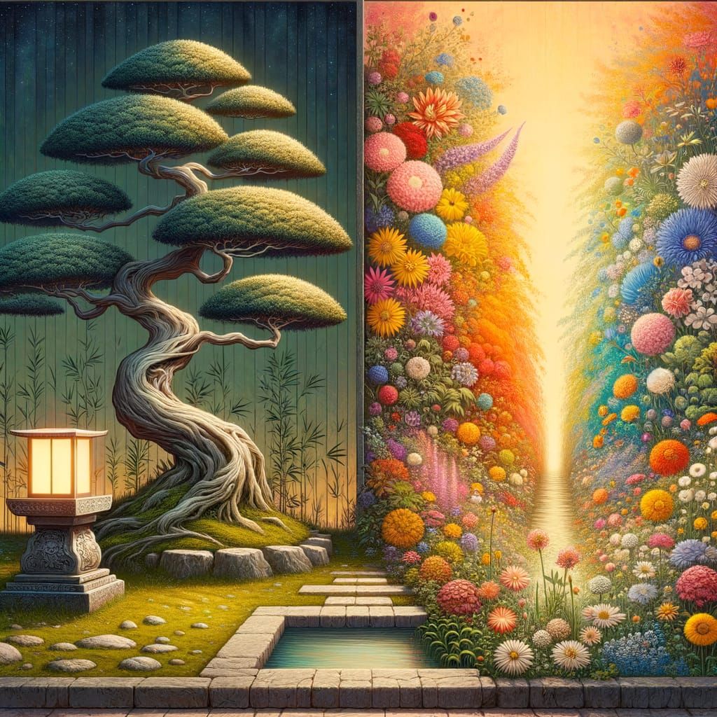 A serene zen garden featuring a perfectly manicured bonsai t...