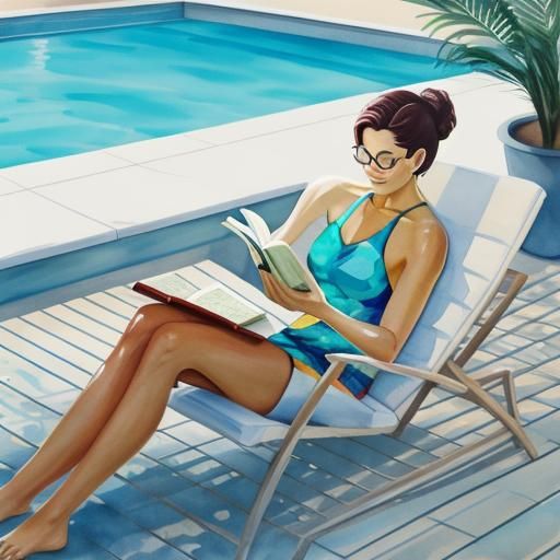 Lounging by the pool, late afternoon sun, reading a book. wa...