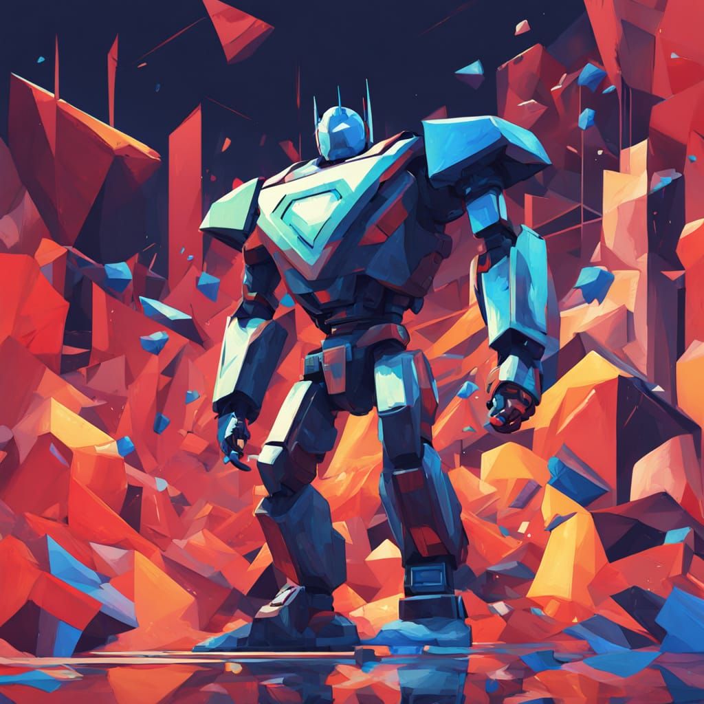 Robot Superman Races Sales Curve in Neo-Cubist Style