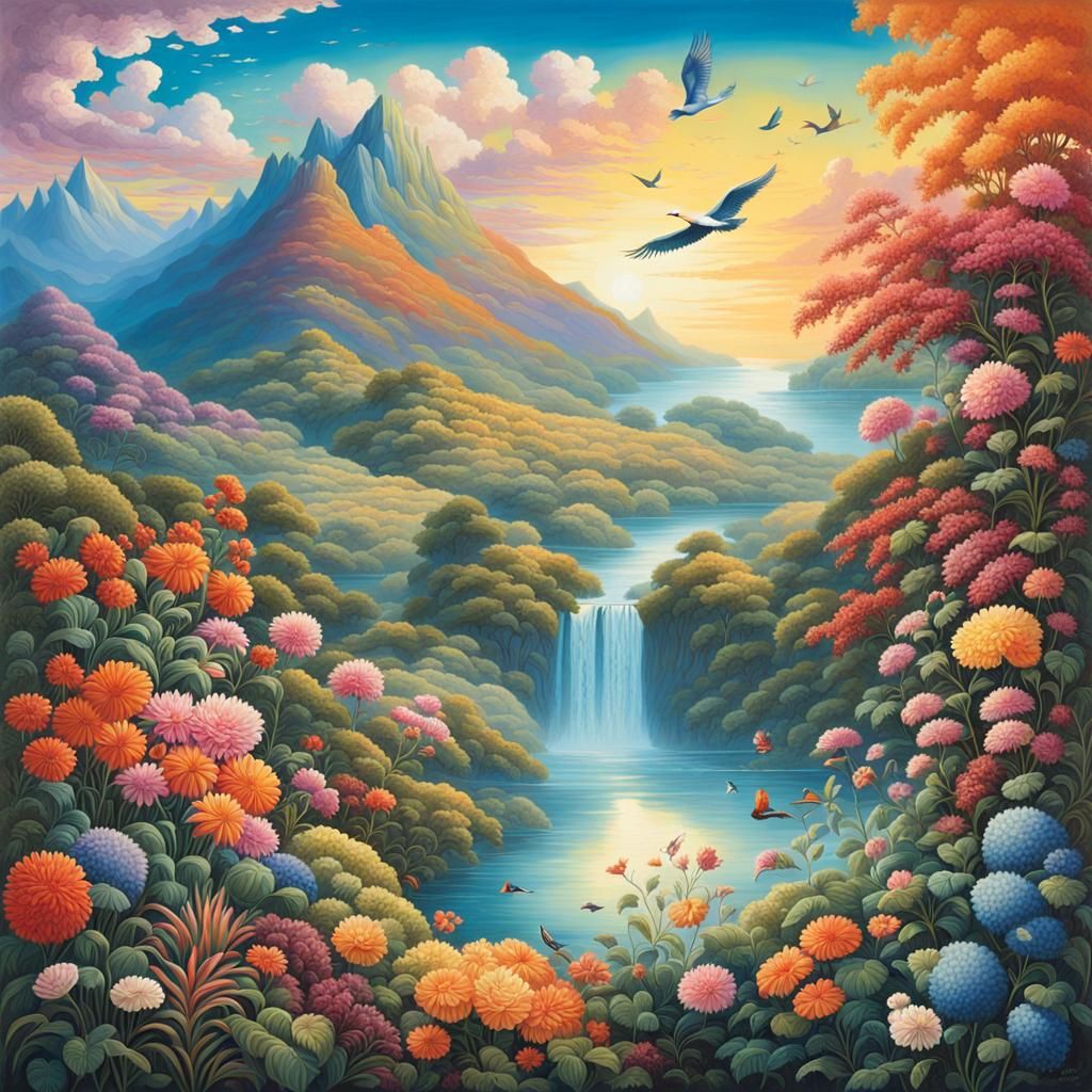 Lush Fantasy Landscape with River and Cloaked Figure