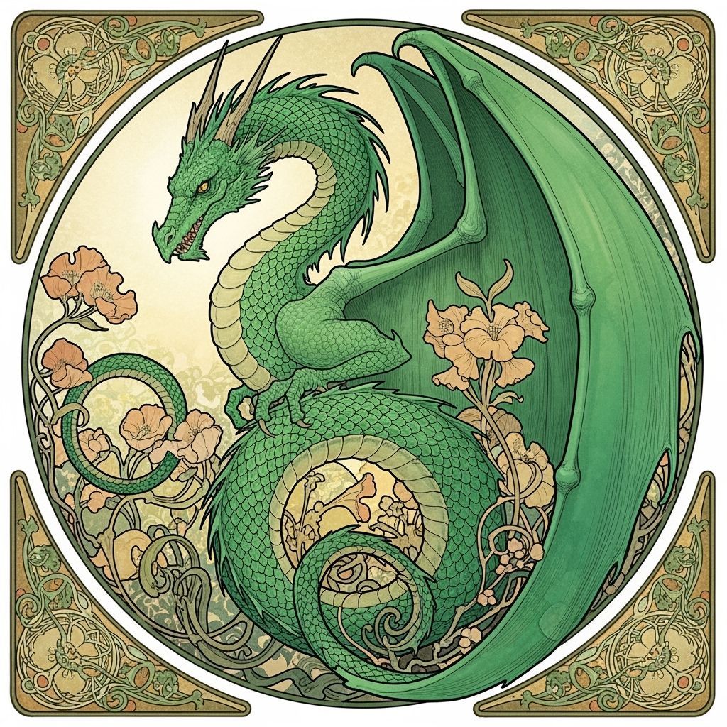 Majestic Emerald Dragon in Art Nouveau Style