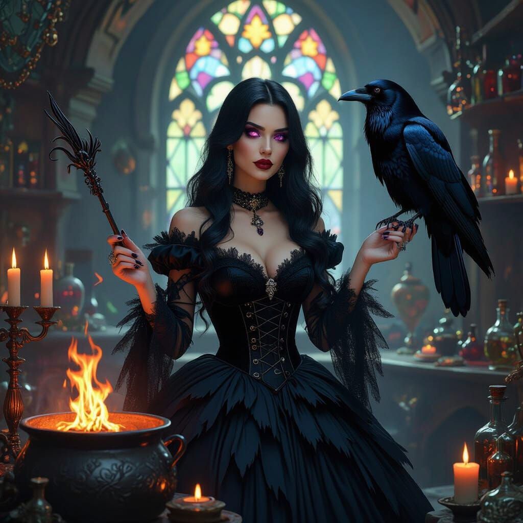 Gothic Witch with Raven in Potion Room