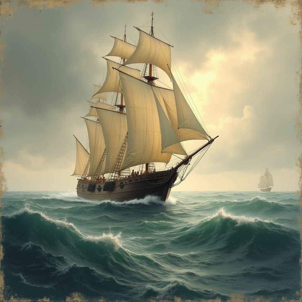 Mayflower Ship on Dynamic Sea in Vintage Maritime Style