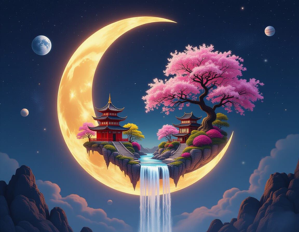 Glowing Crescent Moon Holds Miniature Chinese Village