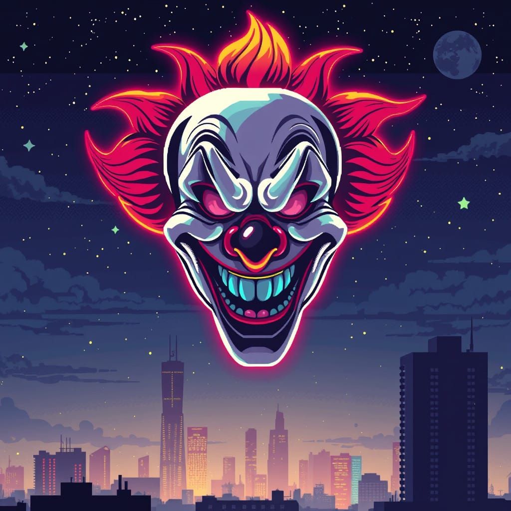 Retro Pixel Art Holographic Clown Face Illuminates City Nigh...