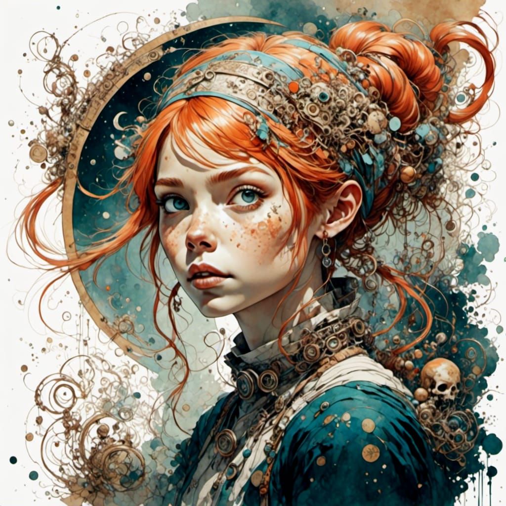 Pippi Longstocking Portrait in Romantic Watercolor Style