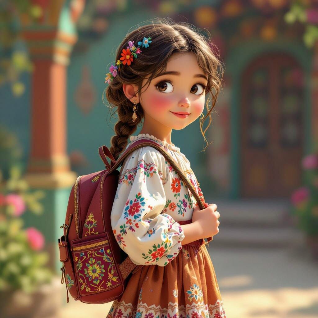 Whimsical 3D Girl with Backpack in Pixar Style