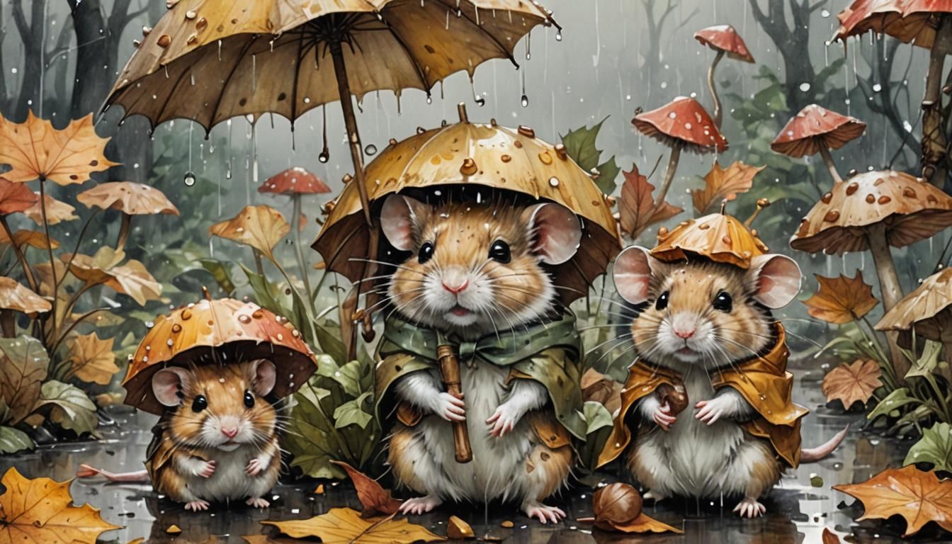 Dandelion Mouse in Rainy Autumn, Watercolor Illustration