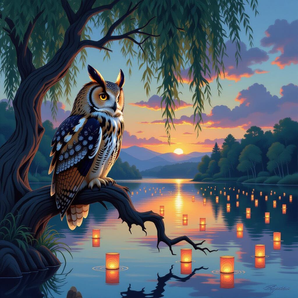 Copper Owl Perched Above Twilight Lake