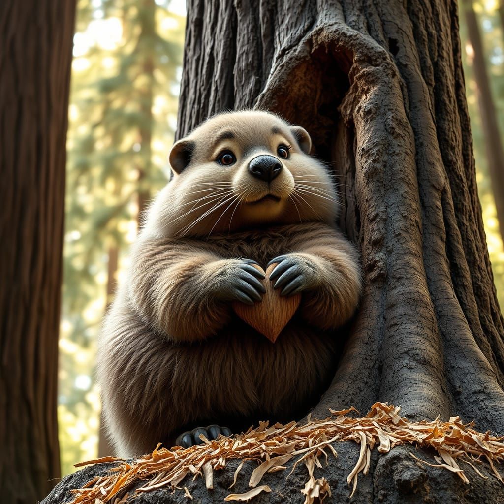 Fluffy Beaver Carving Heart in Redwood Forest