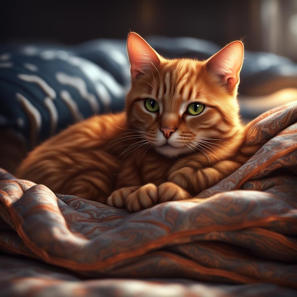 Orange Tabby Cat on Pillows: Fantasy Concept Art