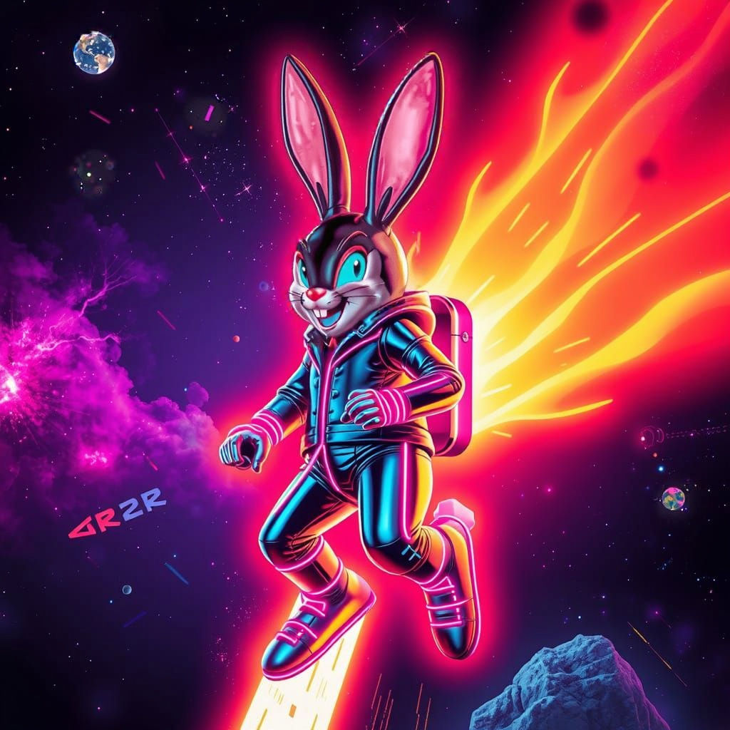 Cosmic Bunny Blasts Off in Cyberpunk Night Sky