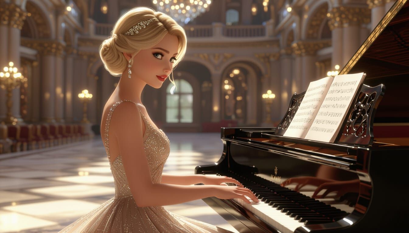 Elegant Woman Plays Piano in Grand Hall