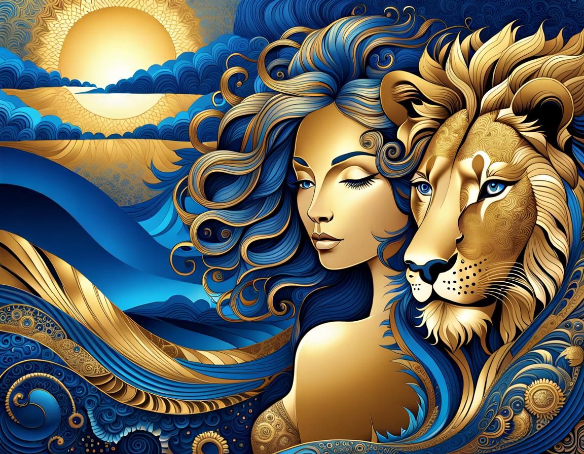 Woman and Lion Sunset in Metallic Art Brut Style
