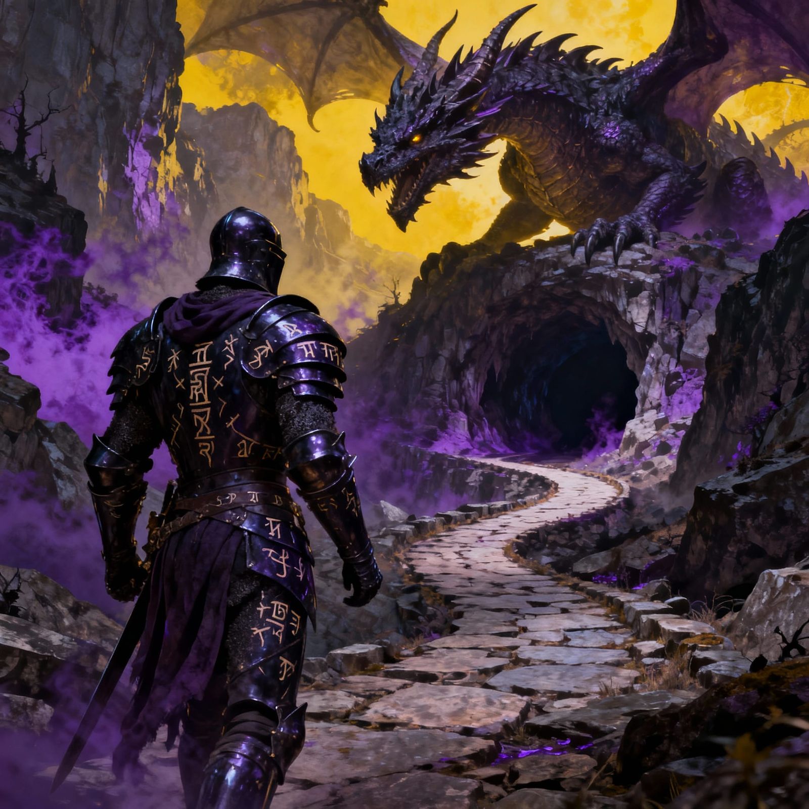 Noble Dark Knight Faces Colossal Dragon in Stone Valley