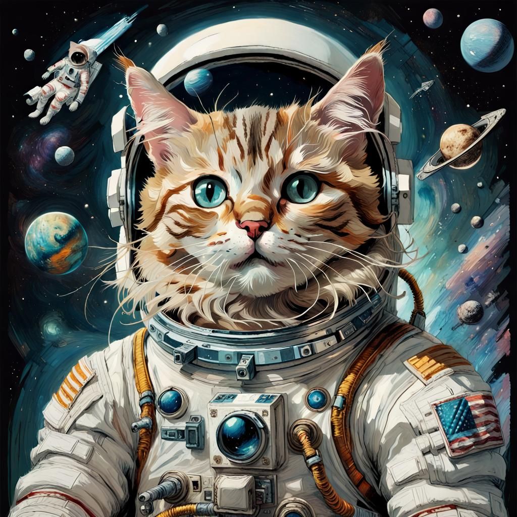 Cat Astronaut in Space: A Mixed Media Art Piece