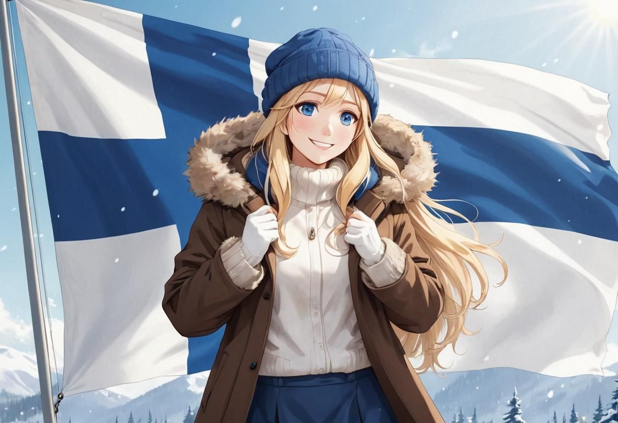 Joyful Finnish Woman in Winter Wonderland