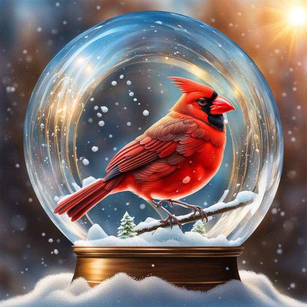 Cardinal in Snow Globe: Hyperrealistic Winter Scene