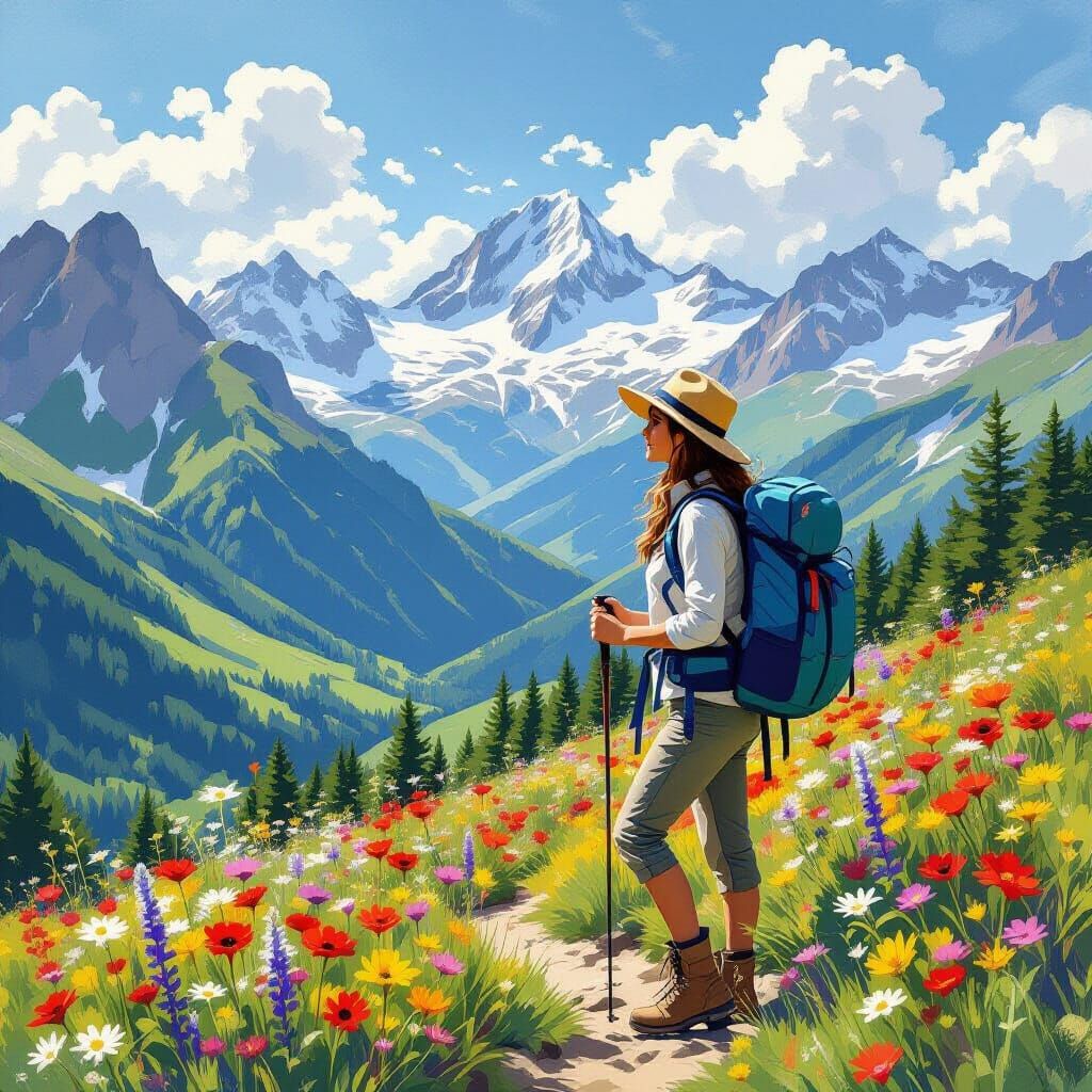 Hiker Among Wildflowers in Dreamy Landscape