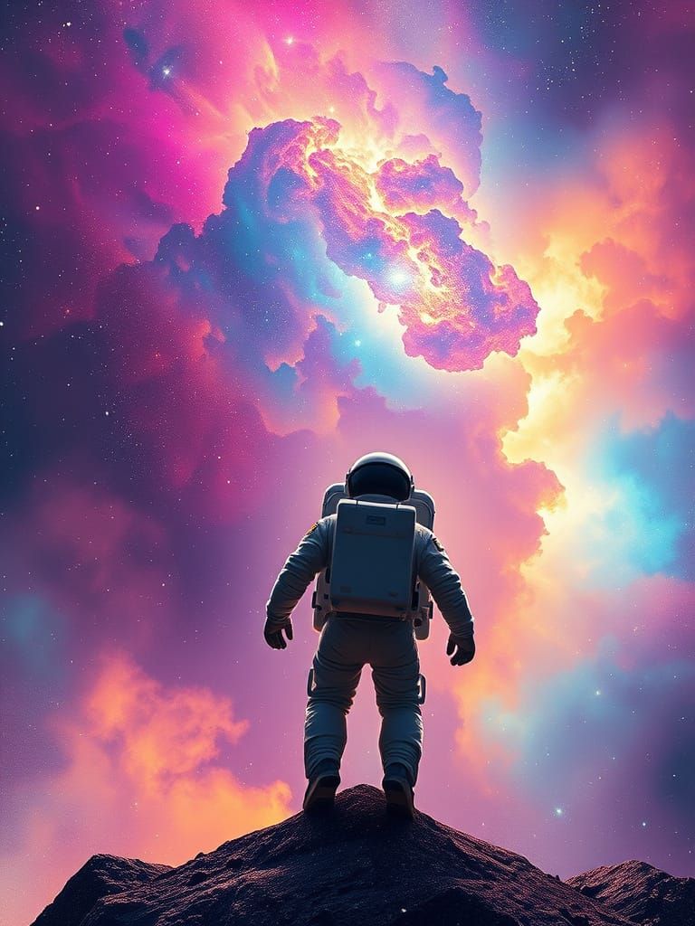 Astronaut Reaches for Galaxy in Vibrant Nebula