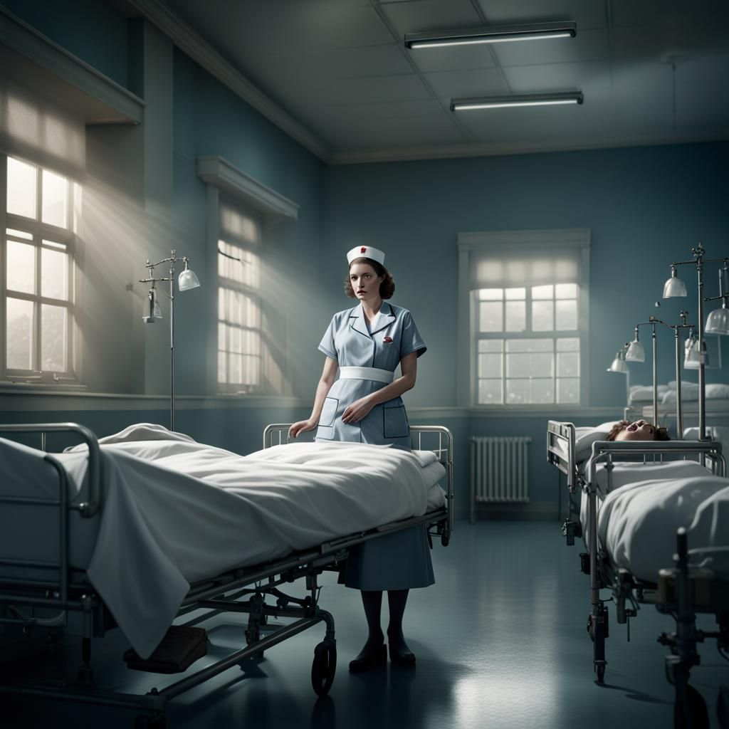 Nurse in hospital ward, WW2, Epic cinematic brilliant stunning intricate meticulously detailed dramatic atmospheric max...