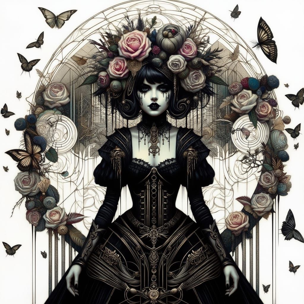 Gothic Women in Black Robes with Floral Mirror