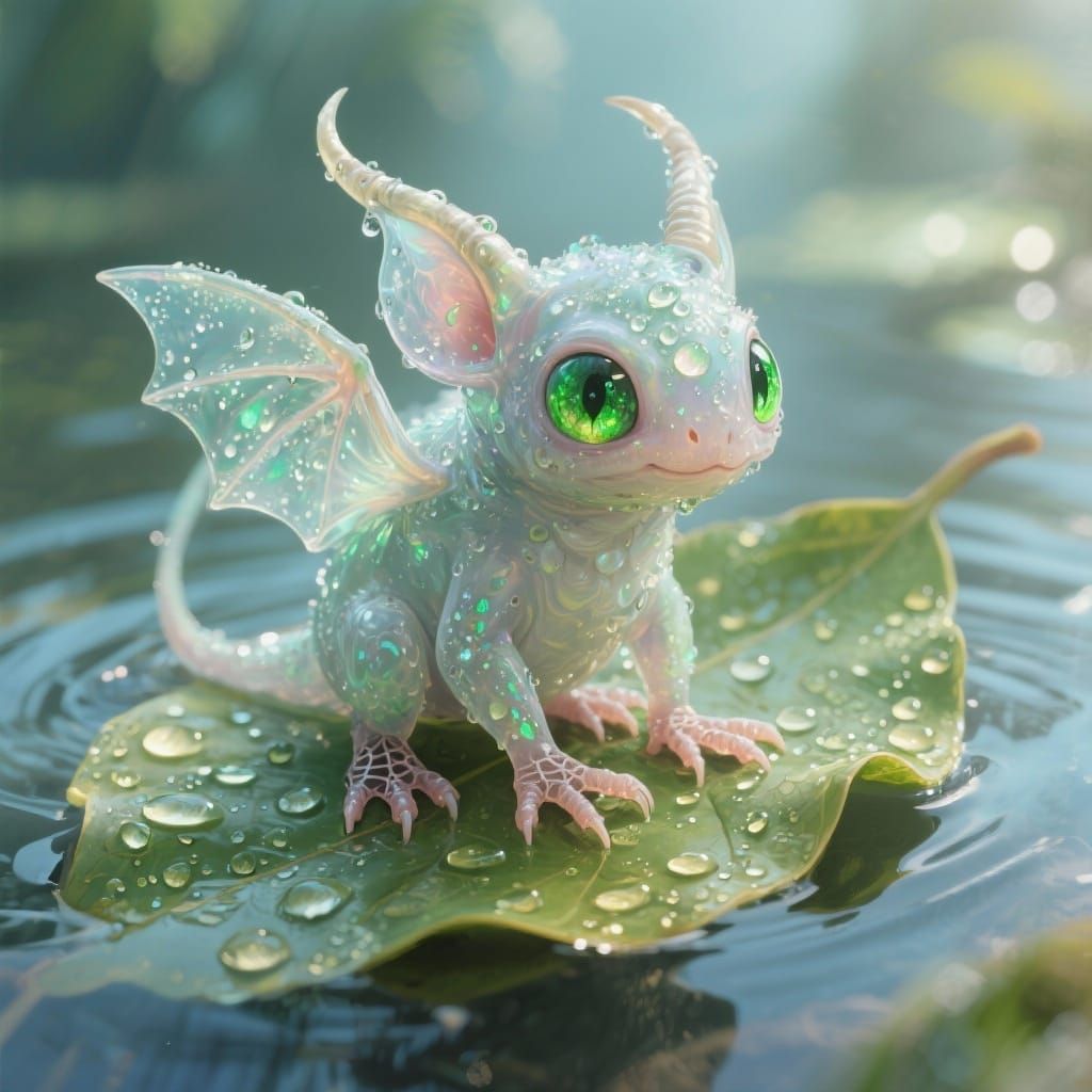Magical Water Creature with Iridescent Eyes on Leaf