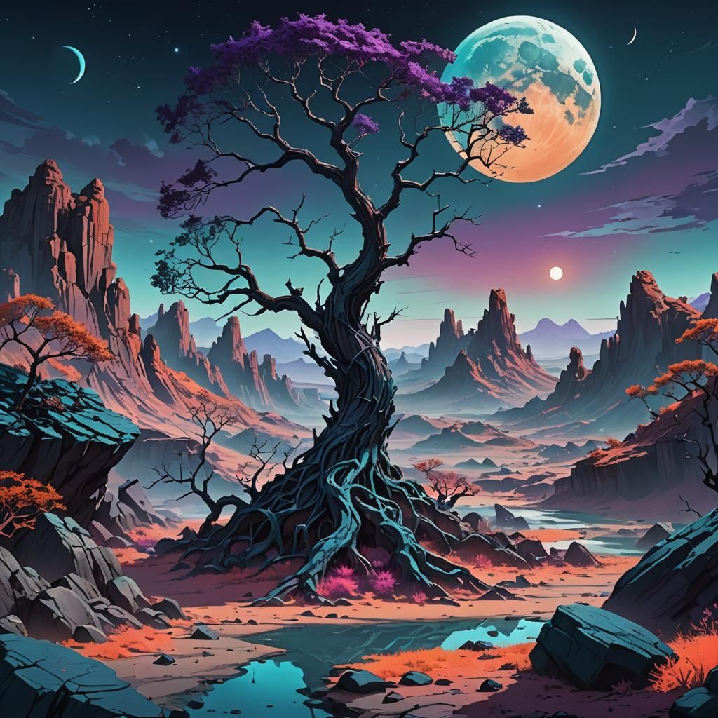 Anime Landscape with Floating Rocks and Moon