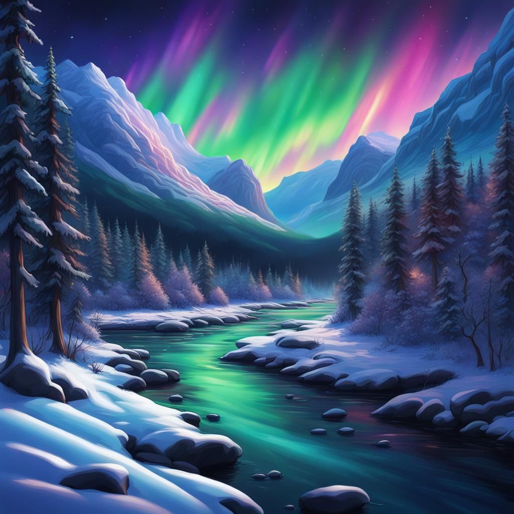 Majestic Northern Lights Over Mountain River