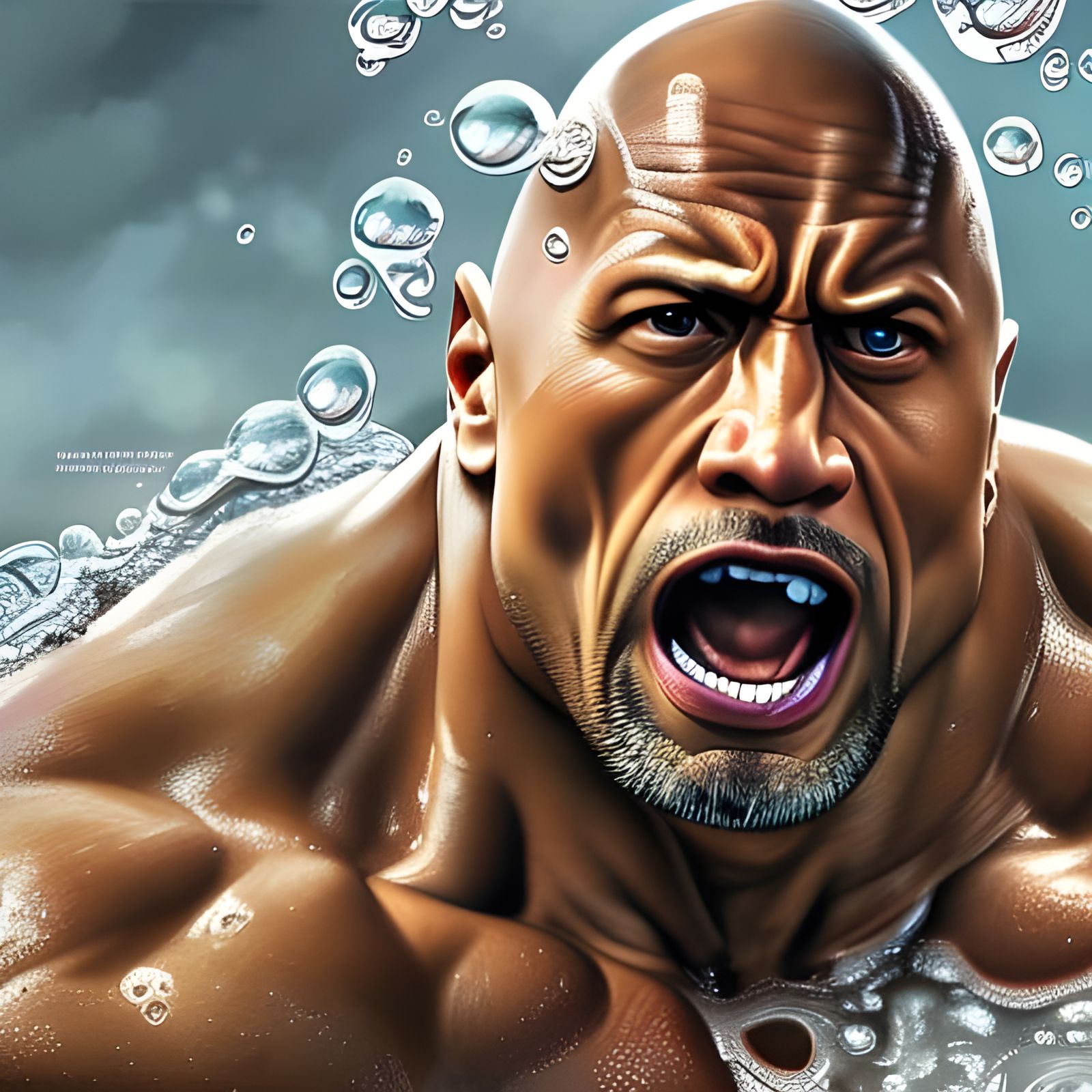 Scared Dwayne Johnson in Bubble Bath: Hyperrealistic Close-u...