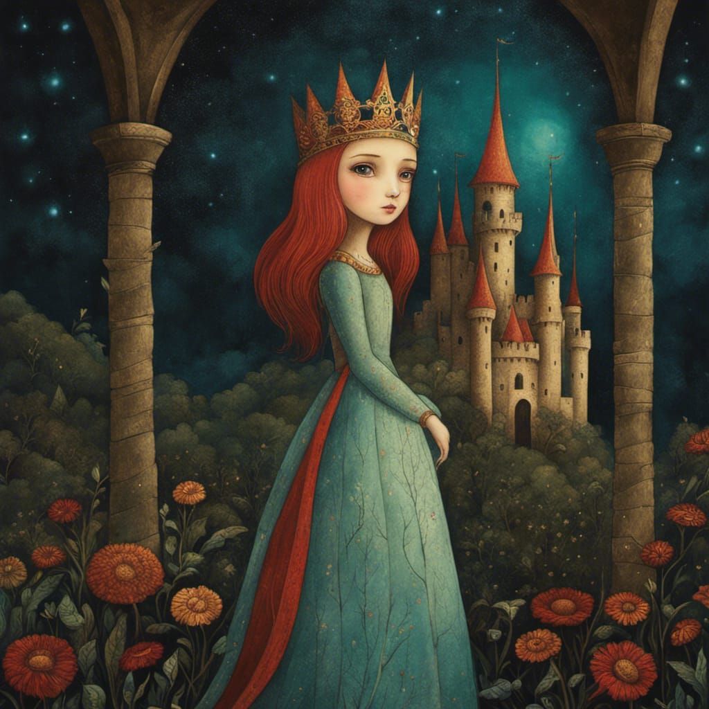 Moody Princess in Medieval Castle, Whimsical Art