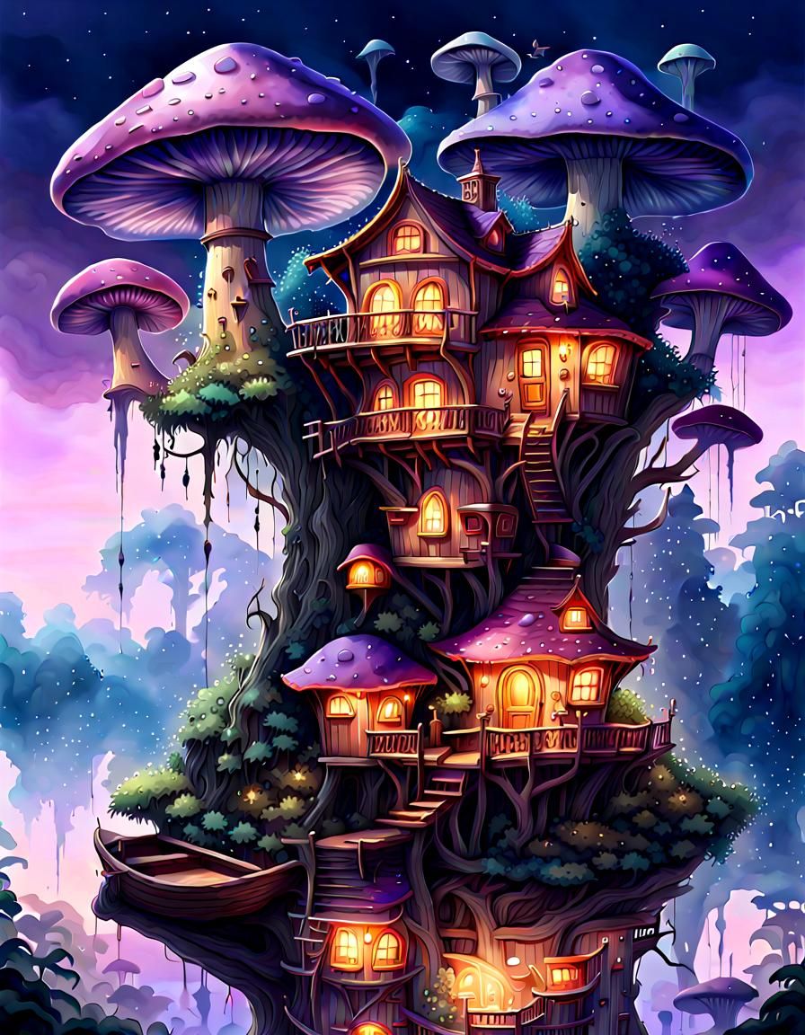 Bioluminescent Mushroom Fairy Treehouse Village Watercolor