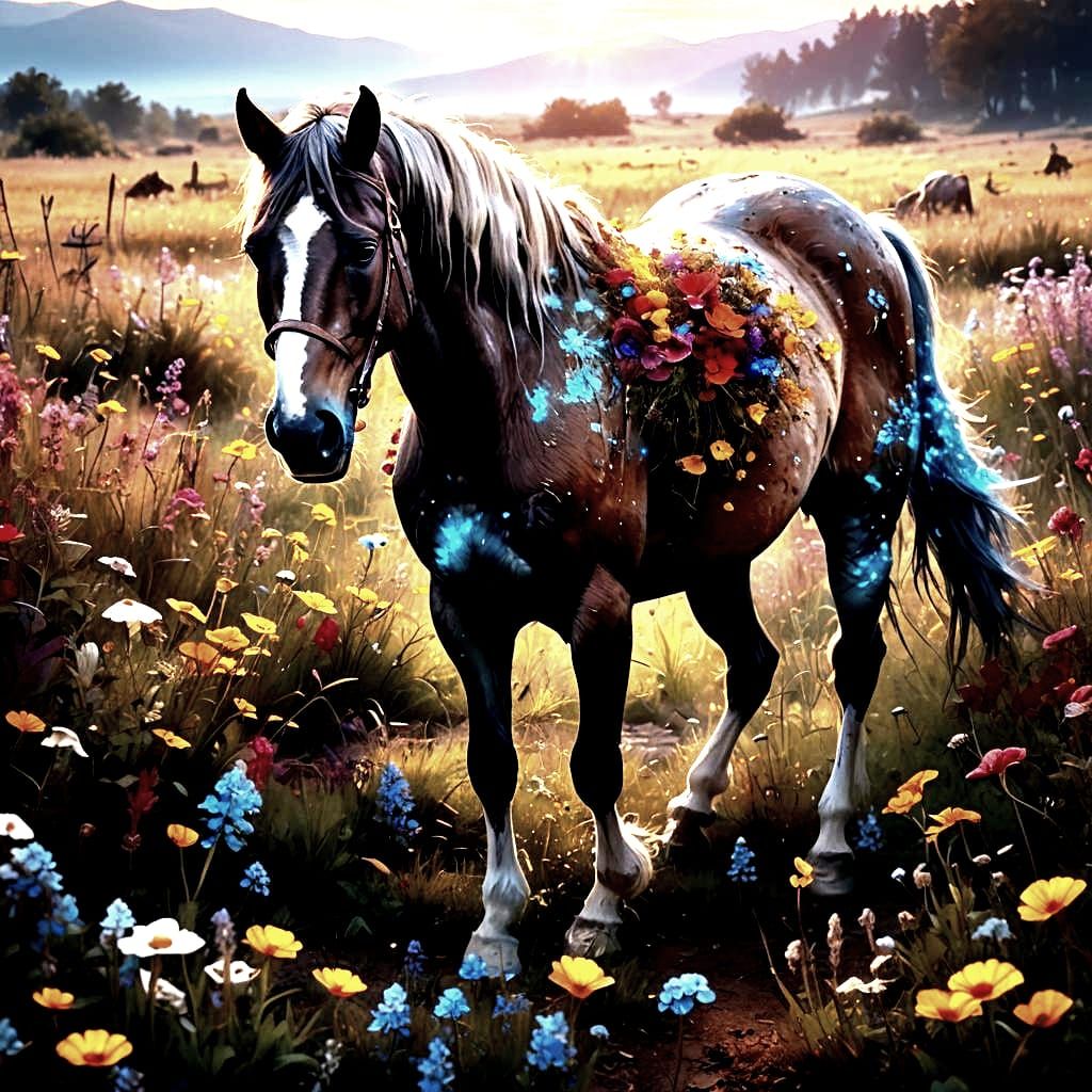 Decaying Horse Running Through Decayed Flower Field