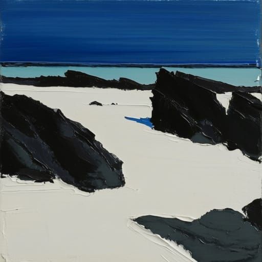 Expressionist Beach Scene with Black Rocks