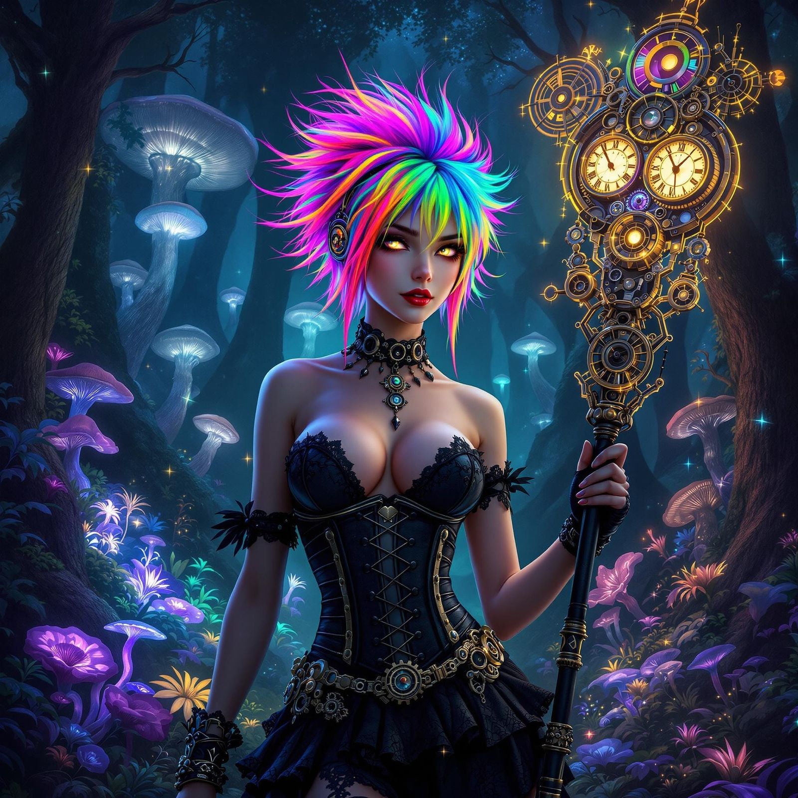 Dieselpunk Druid in Bioluminescent Forest, Gothic Art