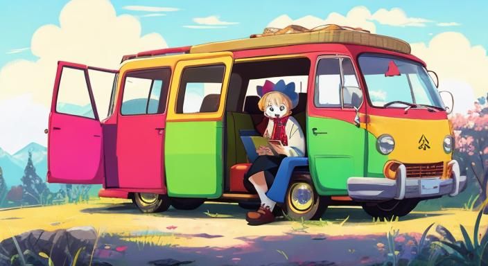 Adventurous Anime Grandmother in Rickety Car