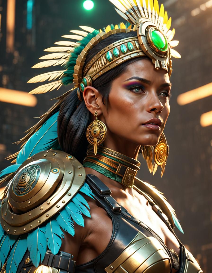 Aztec Warrior Woman in Cyberpunk Servo-Armor