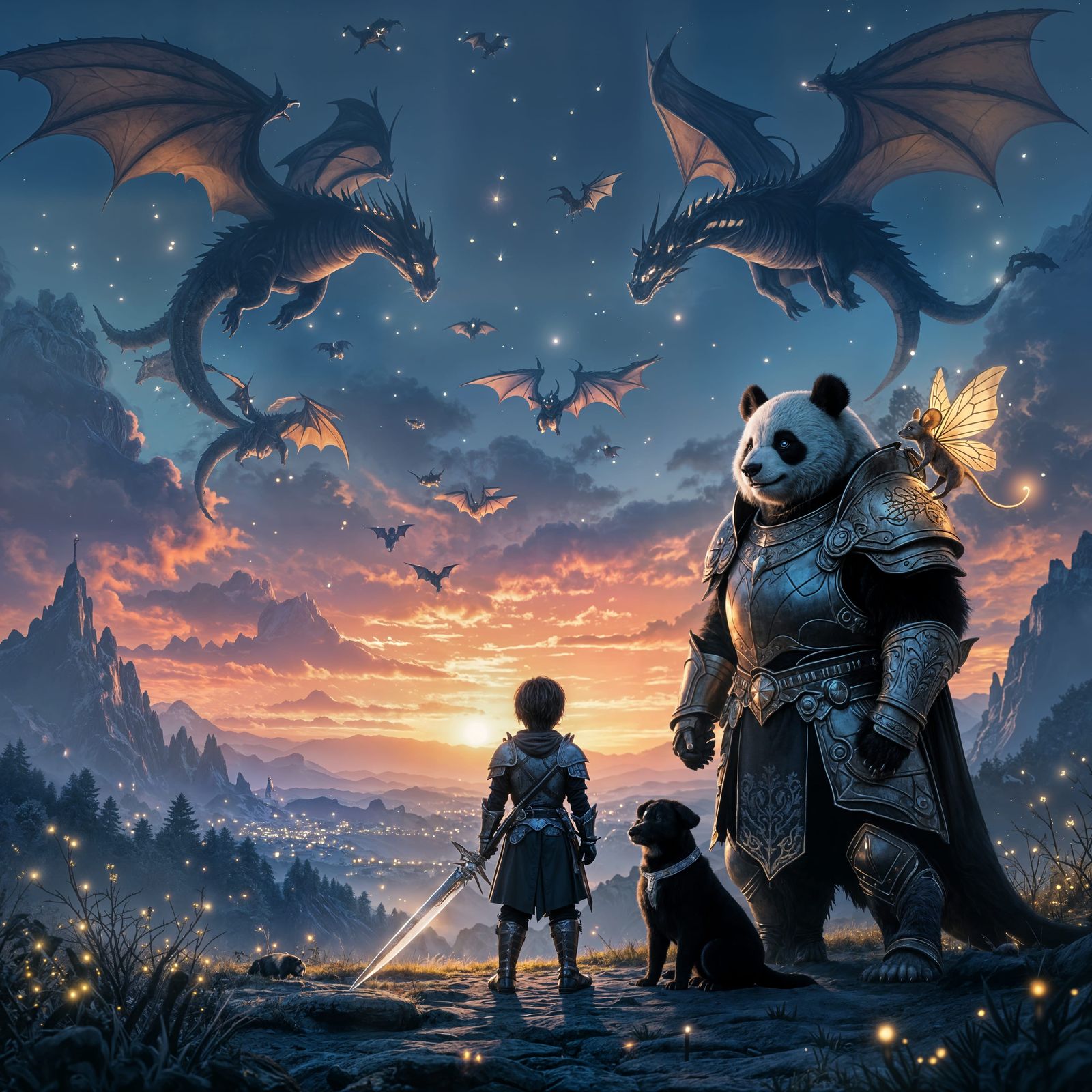 Boy and Animals Face Dragon Sky at Dawn