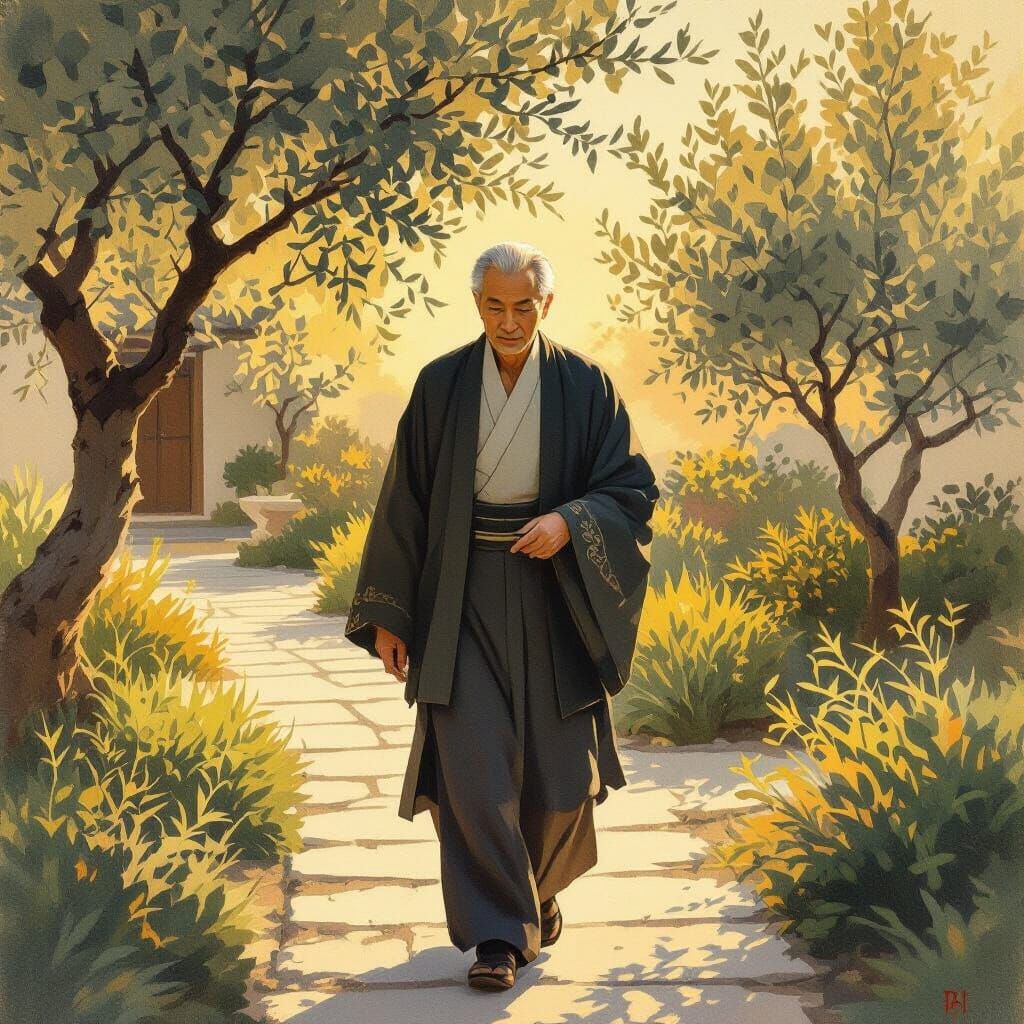 Elderly Asian Man Walks Through Serene Garden