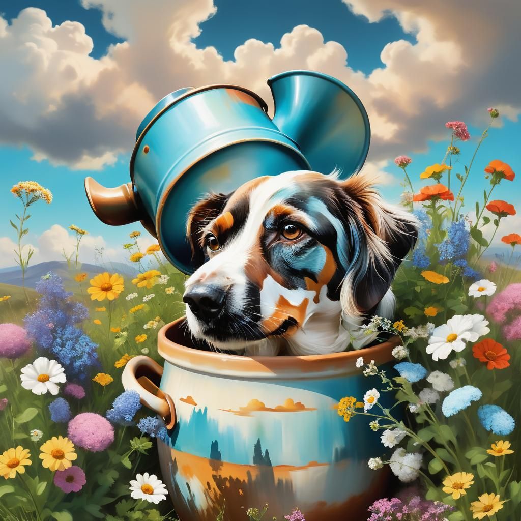 Dog with Pot Hat: A Surrealist Portrait