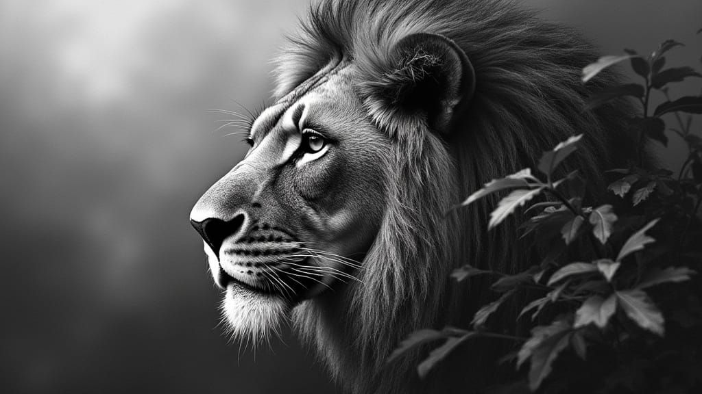 Majestic Lion Face in Gray Jungle Landscape