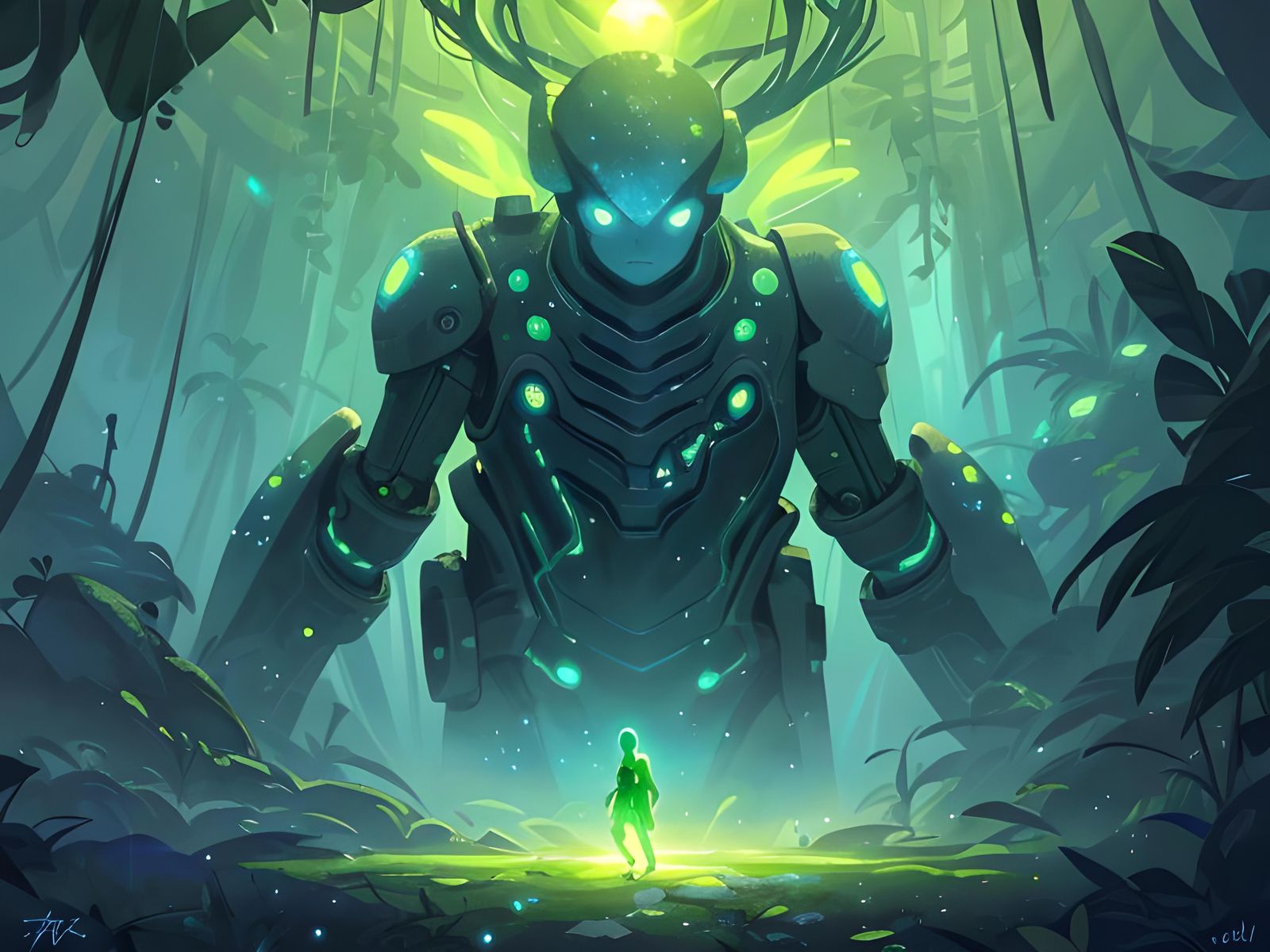 Bioluminescent Space Explorer in Alien Jungle: Digital Art
