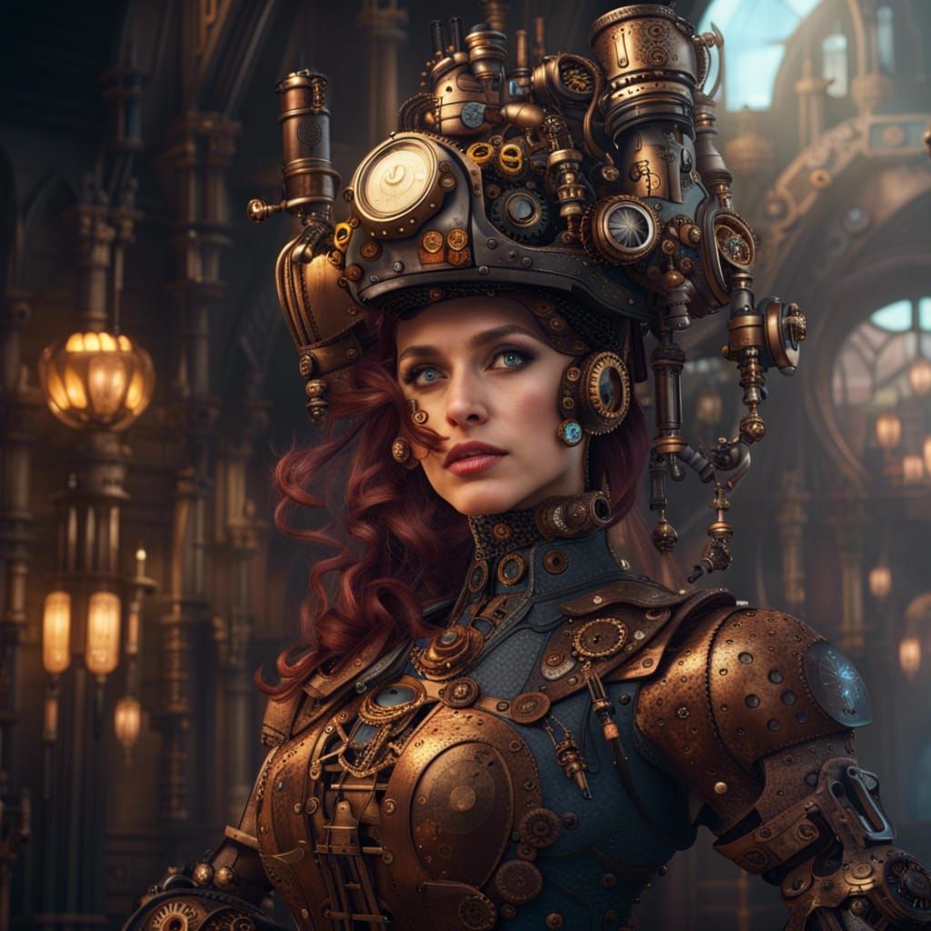 Steampunk Robot Beauty: Detailed Matte Painting