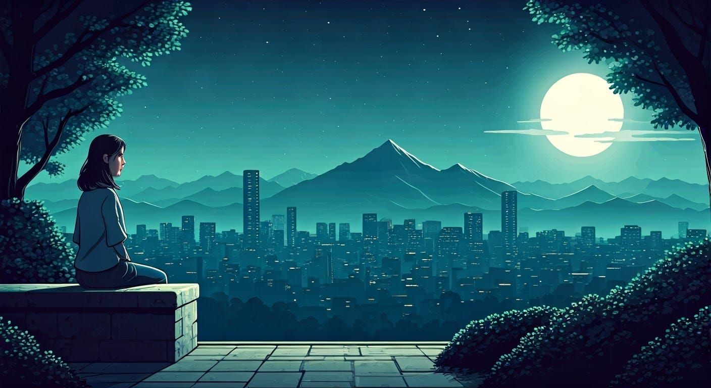 Woman sitting on a bench looking at view of distant city fro...