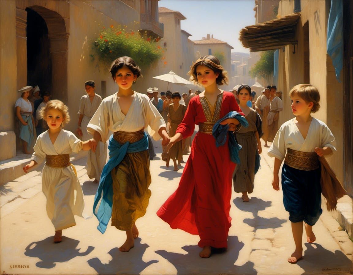 Roman Children Play in Byzantine Street as Oil Painting