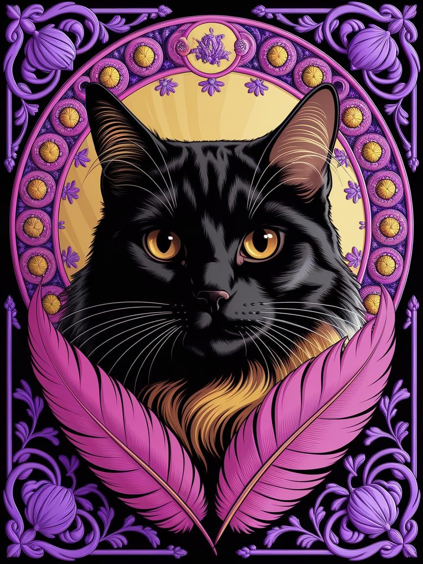 Black Cat with Pink Feathers: Dark Fantasy Art