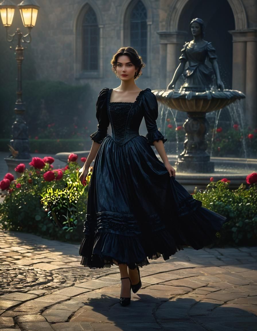 Renaissance Woman in Castle Courtyard Oil Painting